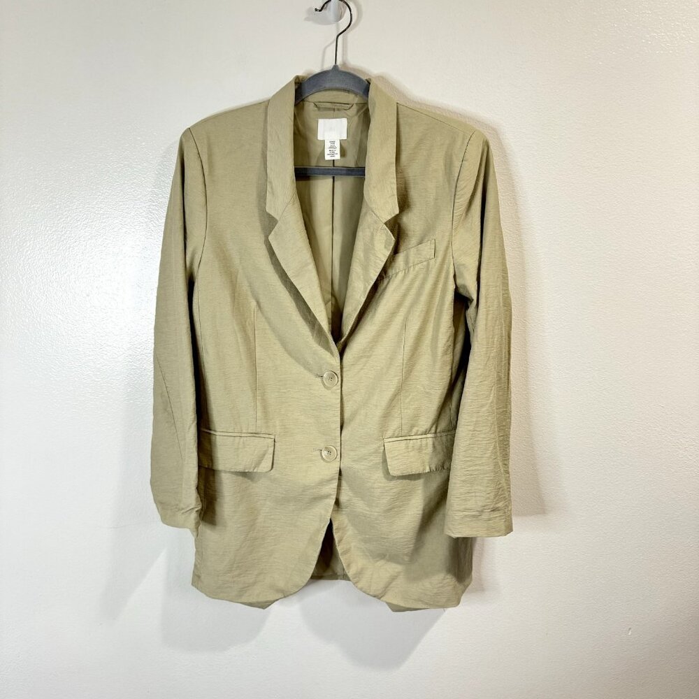 H&M Oversized Blazer Tan Beige Size XS Linen Blend Jacket Two Button Stretch